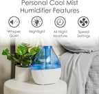 Crane Personal Ultrasonic Cool Mist Humidifier – 1.5 Liter, 8-Hour Run Time, Whisper Quiet, Auto Shut-Off, Filter-Free for Small Rooms, Offices, Nursery, Travel