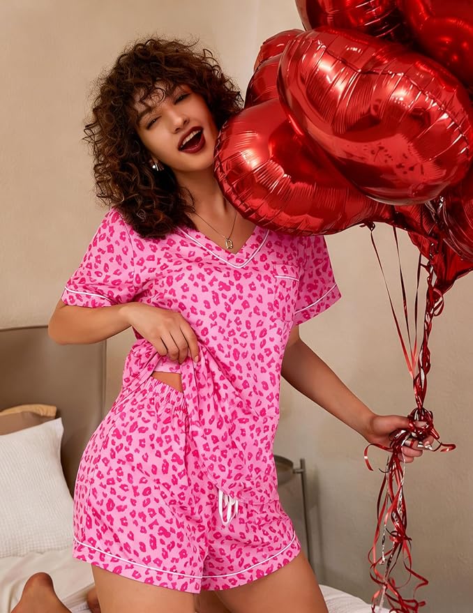 ASTANFY Valentines Day Pajamas Women 2 Piece Silk Valentine Pjs Cute Heart Pajamas V Neck Satin Sleepwear Loungewear Set