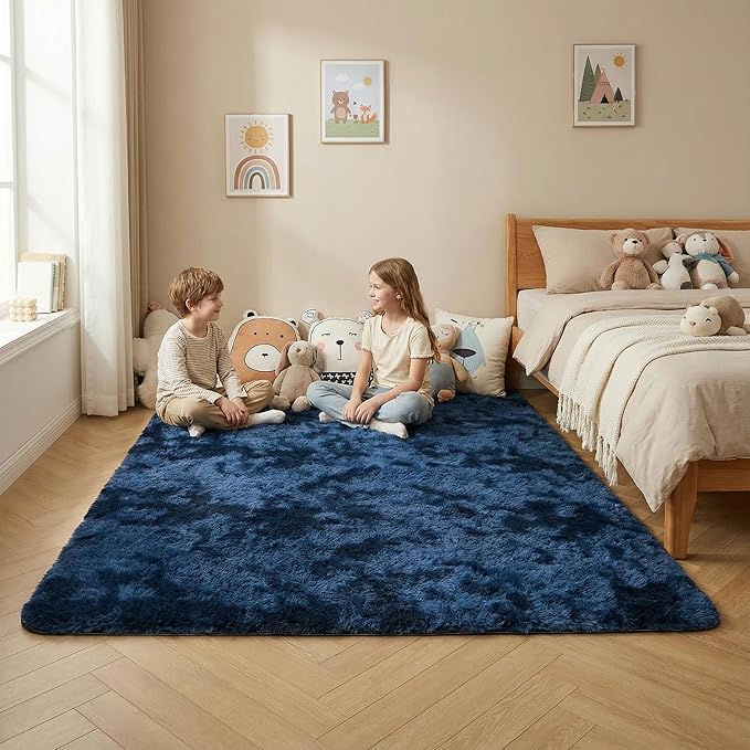 duduta Navy Blue Soft Fluffy Rug 5x8 ft, Tie-Dyed Shag Fuzzy Plush Rectangle Carpet for Bedroom Nursery Living Room Home Decor