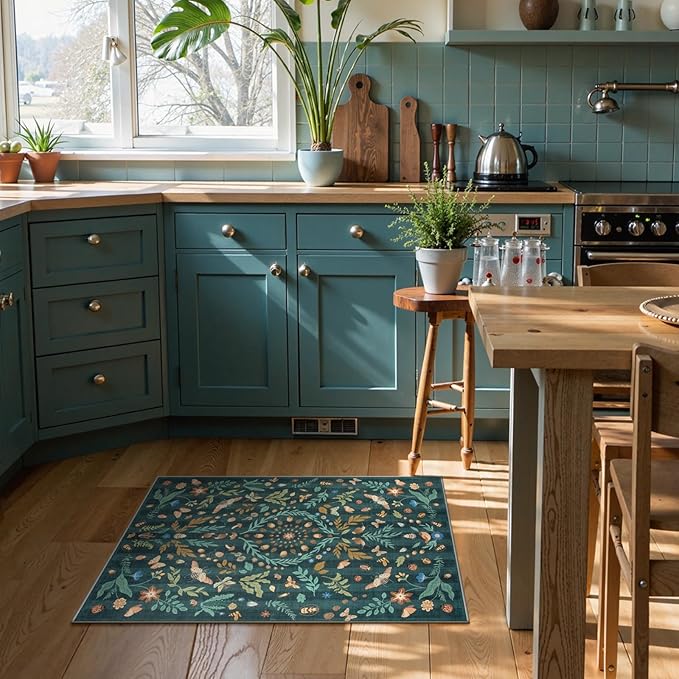 Lahome Chloe Insect Botanical 2x3 Kitchen Rugs for Entryway, Washable Small Green Door Mat Indoor Entrance, Soft Non-Slip Indoor Throw Carpet for Bathroom Bedroom Laundry(Dark Green,2x3)