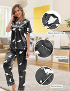 Silk Satin Pajama Set for Women 3-piece Short Sleeve Pajama with Pants Ruffle Shorts Cute Pj Set Button Down Sleepwear