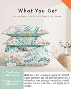ALEISSEL Botanical Cotton Comforter King Size 3Pcs - Cute Garden Floral Design with Green Leaves & Coral and Pink Flowers,Sage Striped Reverse,Lightweight Reversible Bedding Sets(King,104"×90")