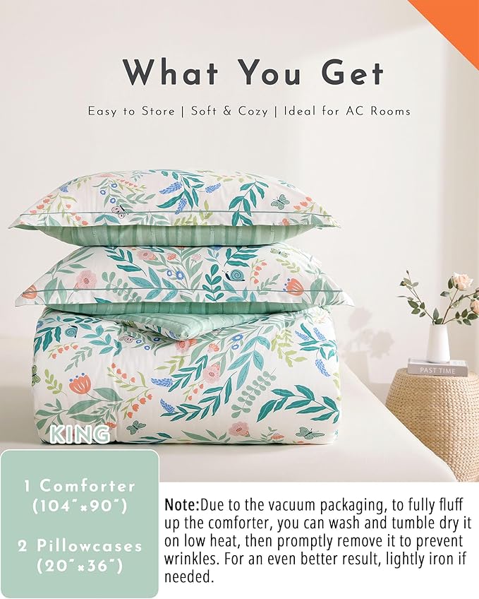 ALEISSEL Botanical Cotton Comforter King Size 3Pcs - Cute Garden Floral Design with Green Leaves & Coral and Pink Flowers,Sage Striped Reverse,Lightweight Reversible Bedding Sets(King,104"×90")
