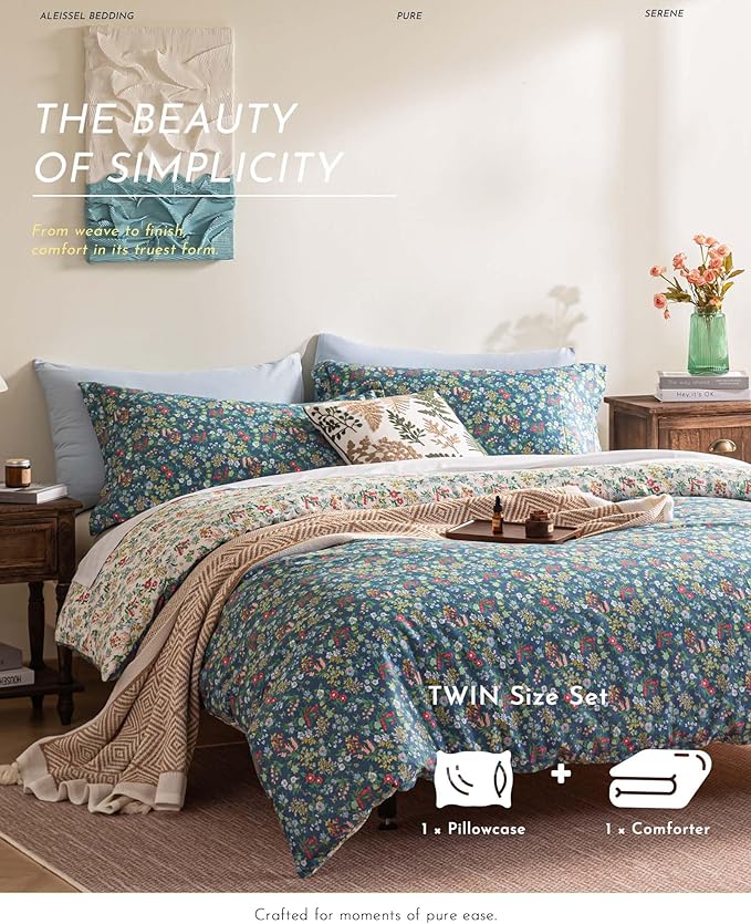 ALEISSEL Cotton Floral Comforter Twin Size - 2PC Lightweight Bedding Sets with Down Alternative Fill, Deep Slate Blue & White with Vibrant Floral Pattern (1 Comforter, 1 Pillowsham)
