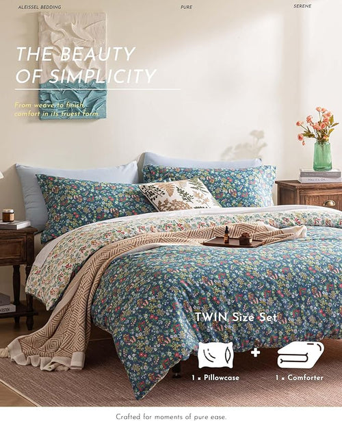 ALEISSEL Cotton Floral Comforter Twin Size - 2PC Lightweight Bedding Sets with Down Alternative Fill, Deep Slate Blue & White with Vibrant Floral Pattern (1 Comforter, 1 Pillowsham)