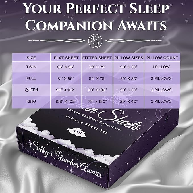 SLEEP SANCTUARY Satin Sheets Queen Size – 4 Piece Luxury Silky Bed Set, Softer Than Silk, 15" Deep Pocket, Cooling & Wrinkle-Free, Moisture-Wicking & Breathable for Hair & Skin (White)