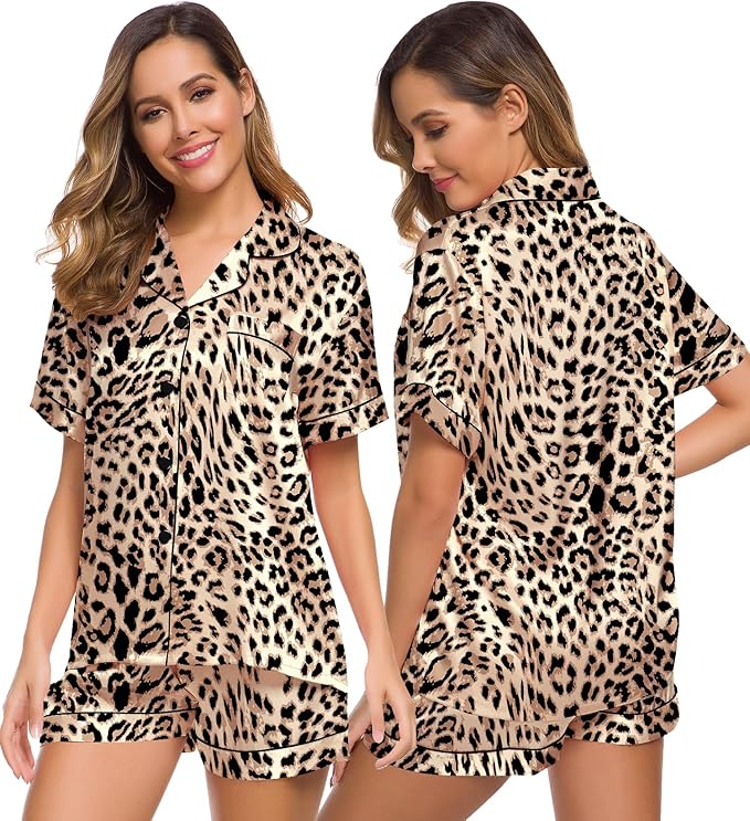 SWOMOG Womens Silk Satin Pajamas Set Short Sleeve Sleepwear Button Down Top and Shorts Loungewear 2 Piece Pjs Set XS-3XL