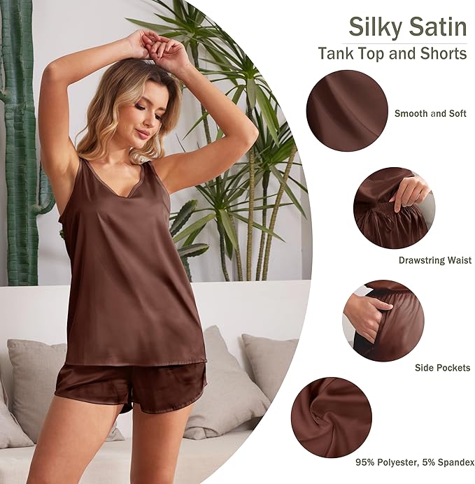 MOYEE Women Silk Pajama Set Soft Satin V Neck Tank Top and Shorts 2 Piece lounge Sets with Pockets