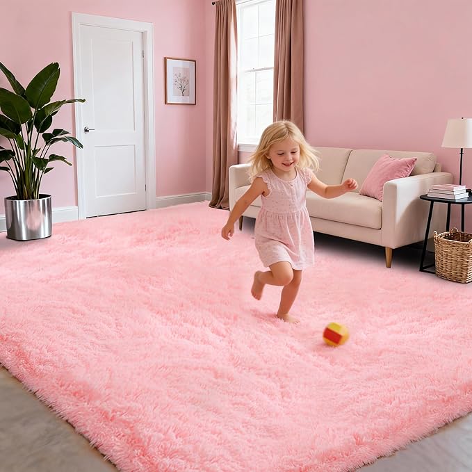 Pink Carpet Fluffy Area Rugs for Bedoom Girls, Ultra Soft Fuzzy Furry Shag Rug for Living Room, Upgrade Non-Slip Plush Shaggy Bedside Rug, Cute Plush Nursery Rug 4x6 ft for Kids Room Dorm Home Decor