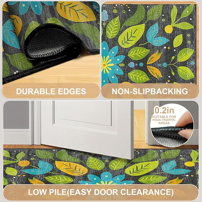 Area Rug 2x3 ft Rug Washable Boho Rugs Non Slip Low Pile Floral Small Carpet for Bedroom, Bedside, Kids Room, Office, Dining Room (Green Leaf, 2x3 ft)