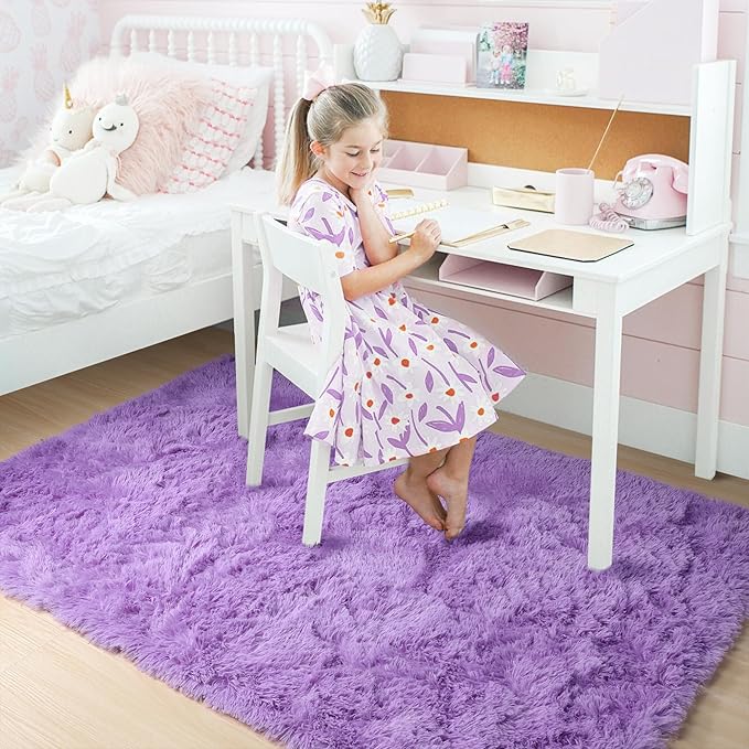 Amdrebio Purple Area Rugs for Bedroom Girls Room Decor Aesthetic, 5x7 Cute Fluffy Shag Lavender Rug for Living Room Dorm Classroom Nursery, Furry Plush Fuzzy Soft Lilac Carpet for Kids Baby Teens