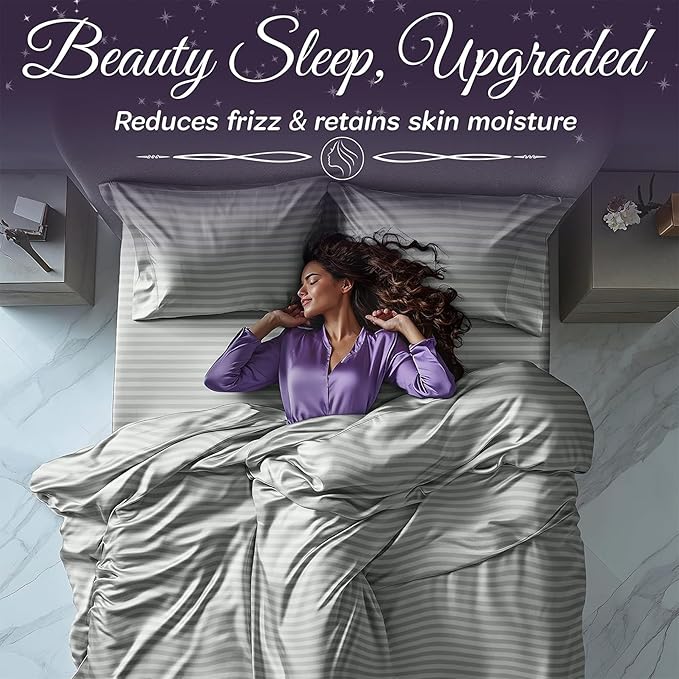 SLEEP SANCTUARY Satin Sheets Full Size – 4 Piece Luxury Silky Bed Set, Softer Than Silk, 15" Deep Pocket, Cooling & Wrinkle-Free, Moisture-Wicking & Breathable for Hair & Skin (Striped Grey)