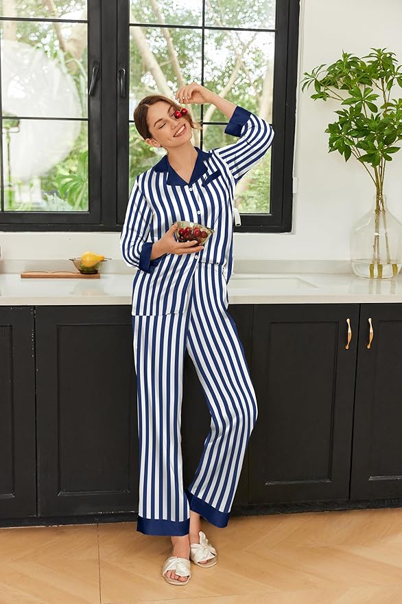 Ekouaer Silk Pajamas for Women Long Sleeve Satin Pajama Set Silky Pj Sets 2 Piece Button Down Loungewear Sleepwear