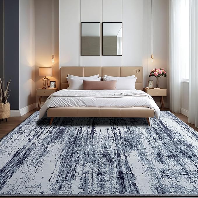 Area Rug 6x9 Washable Rugs Modern Abstract Area Rug Soft Non-Slip Non-Shedding Faux Wool Stain Resistant Floor Carpets for Living Room Bedroom Dining Room Kids Room Home Office (Blue)