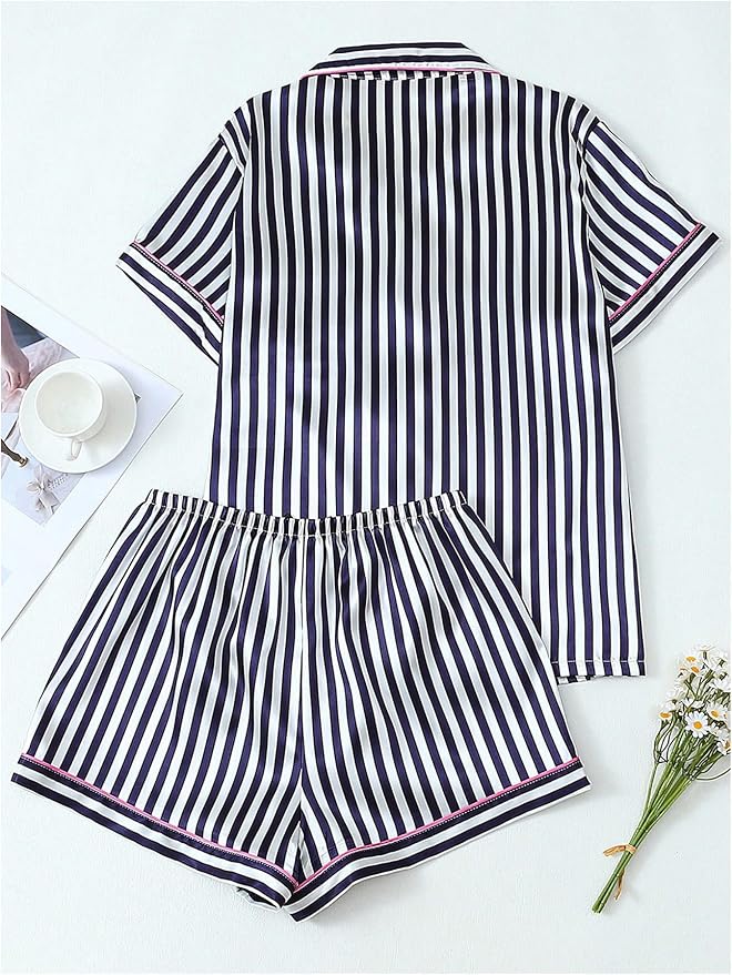 WDIRARA Women's Sleepwear Satin Short Sleeve Shirt and Shorts Pajama Set