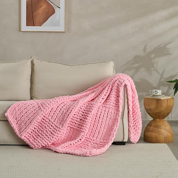 Chunky Knit Blanket Throw 50x60 Inches,Handmade Cable Knit Crochet Blanket,Cozy Lightweight All Season,Wrinkle-Resistant Polyester for Couch Bed Sofa Reading Nook, Beige,Pink