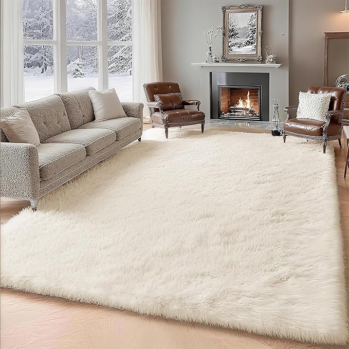 Shag Cream Rug 6x9 Area Rugs for Bedroom Living Room - Non Slip Ultra Soft Large Fluffy Fuzzy Shag Plush Shaggy Furry Rug for Dorm Kids Room Nursery Playroom, Home Office Modern Carpet Decor