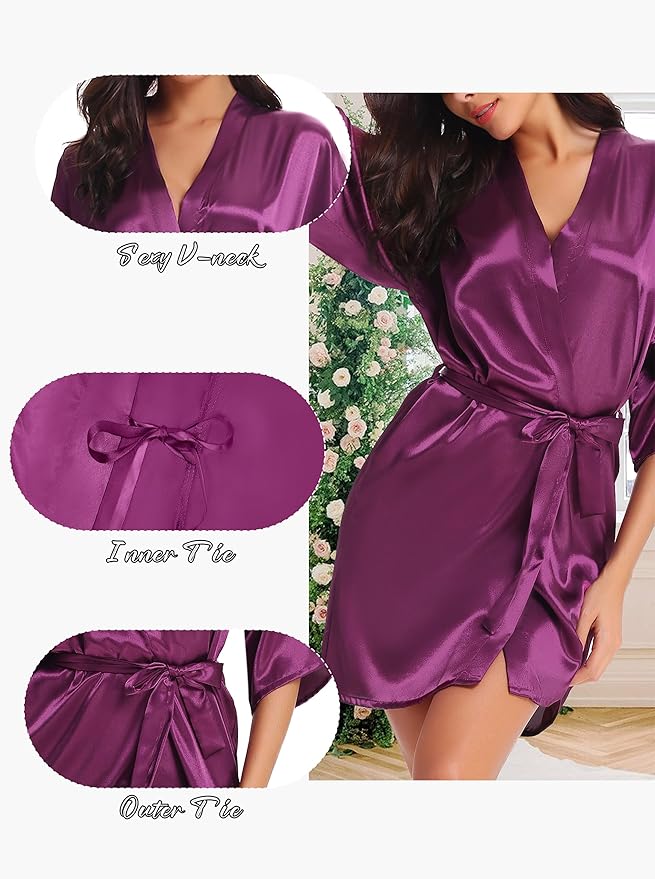 Women's Short Satin Robe Silky Bathrobes Bridal Bridesmaid Kimono Robe V-Neck Sleepwear S-XXL