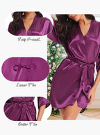 Women's Short Satin Robe Silky Bathrobes Bridal Bridesmaid Kimono Robe V-Neck Sleepwear S-XXL
