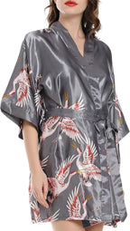 Women Kimono Robes Satin Dressing Gown Crane and Blossoms Sleep Lounge Nightwear Short Silk Bride Bridesmaid Robe
