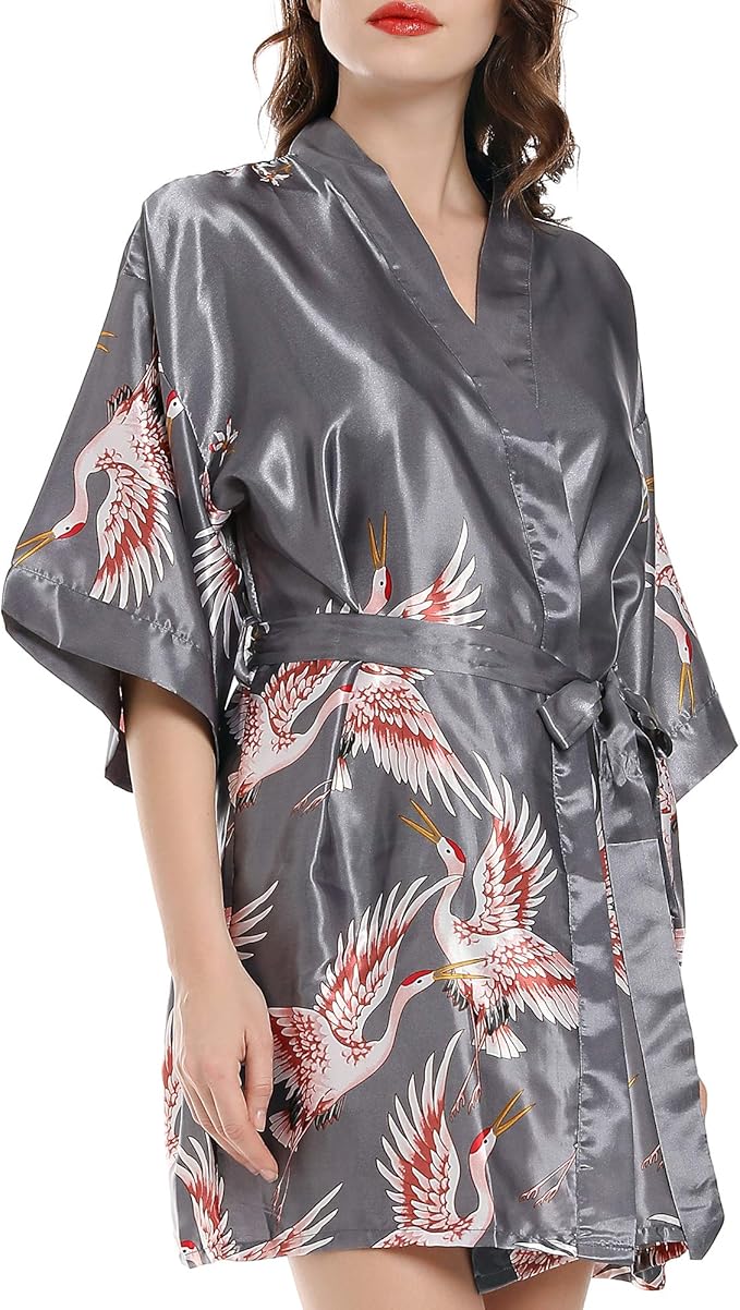 Women Kimono Robes Satin Dressing Gown Crane and Blossoms Sleep Lounge Nightwear Short Silk Bride Bridesmaid Robe