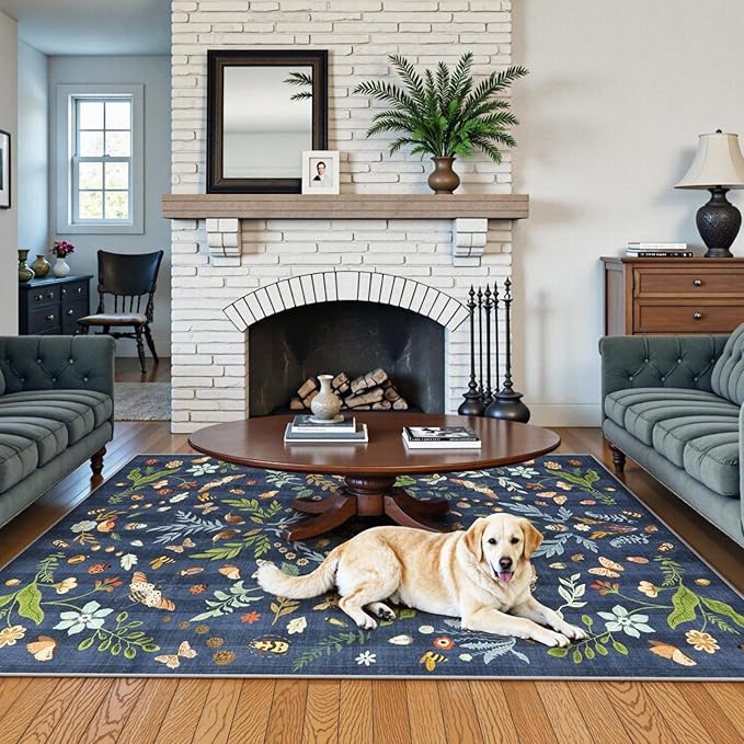 Lahome Chloe Insect Botanical Washable 5x7 Area Rugs for Living Room, Non Slip Blue Rug for Bedroom, Boho Indoor Throw Dining Room Carpet for Under Table Entryway Kitchen Office(Dark Blue,5x7)
