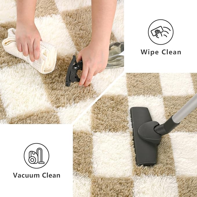 Beige and White Area Rugs, 5x7 Large Fluffy Rugs for Bedroom Living Room, Soft Shaggy Modern Indoor Carpets, Cute Plush Rugs for Kids Girls Room Nursery, High Pile Throw Rug for Home Decor