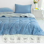 COTTEBED Reversible Blue and Light Gray Bed Comforter Queen Sets, Jersey Knit T-Shirt Feel Ultra-Soft Lightweight Breathable Cozy Bedding Down Quilt Blanket & 2 Pillowsham All Season Use (Full/Queen)