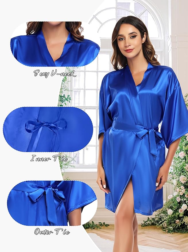 Women's Short Satin Robe Silky Bathrobes Bridal Bridesmaid Kimono Robe V-Neck Sleepwear S-XXL
