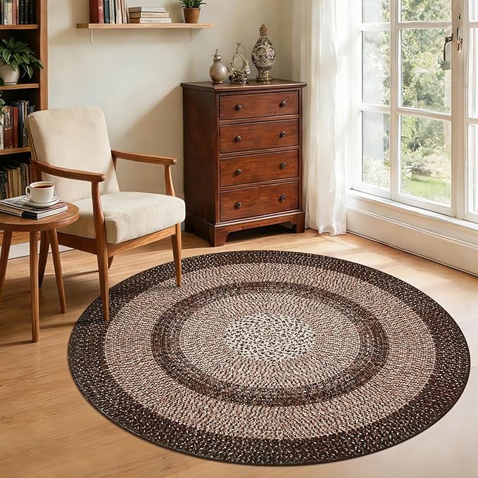Modern Bordered Round Area Rug 4ft Washable Bedroom Circle Rugs Non Slip Stain Resistant Dining Room Round Throw Carpet Contemporary Circle Mats for Living Room Kitchen Nursery, Brown