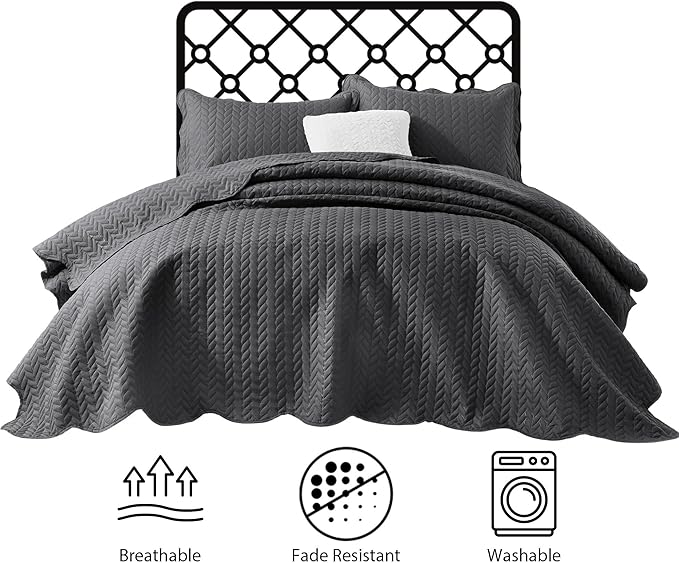 IR Imperial Rooms Twin Quilt Bedding Set Size (68” x 86”) + 1 Pillow Shams (20” x 26” + 2”) - 2 Pcs All Season Lightweight Reversible Microfiber Coverlet Embossed Quilt Bedspread (Charcoal)