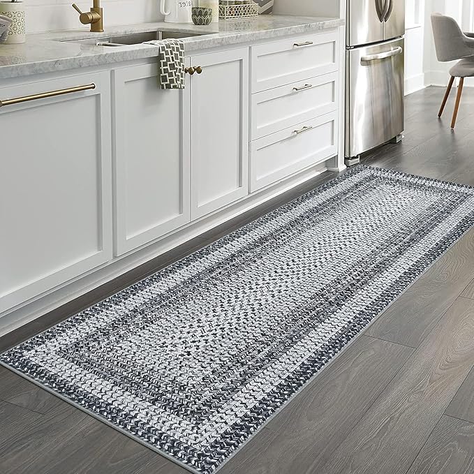 RUGSREAL 2x6 Runner Rug Braided Print Hallway Runner Rug Boho Rug Machine Washable Throw Floor Cover Non Slip Moroccan Carpet for Kitchen Farmhouse Rustic Runner for Living Room Bedroom, Grey