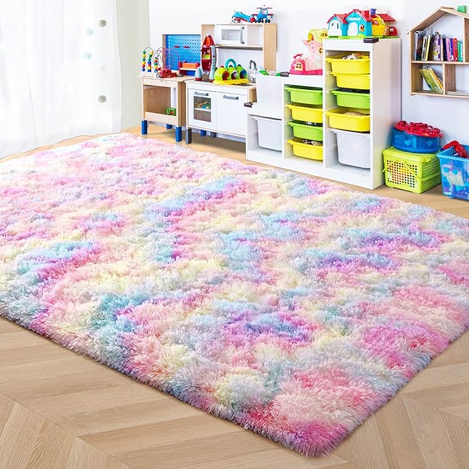 ISEAU Rainbow Rug for Living Bedroom, 6 x 9 Feet Fluffy Area Rugs for Bedroom, Ultra Kawaii Abstract Shaggy Colorful Carpet, Fuzzy Cute Rug for Kids Girl Room Decor