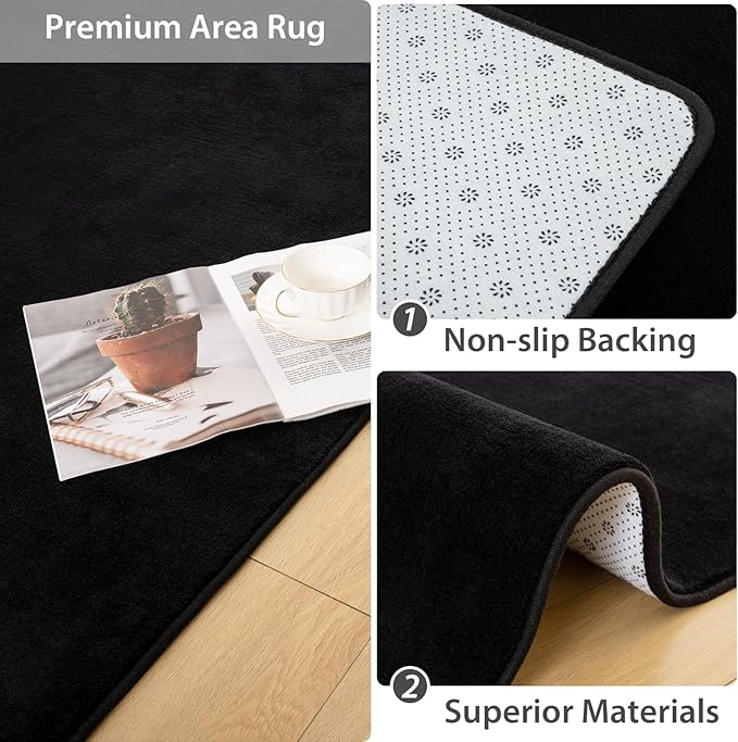 Softlife 2x6 Area Rug for Bedroom Living Room, Solid Black Non-Slip Fluffy Carpet with Soft Low Pile for Kids Boys Girls, Machine Washable Runner Rugs Fuzzy Aethetic Home Dorm Decor