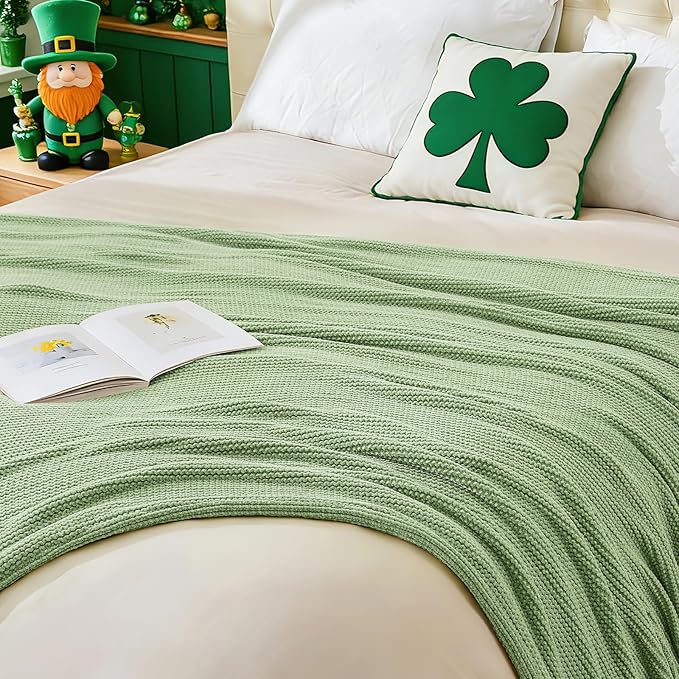 inhand Basil Green Throw Blanket for Couch Bed,St. Patrick’s Day Lucky Spring Gifts Throw for Men Women,Chunky Chenille Woven Soft Warm Blanket,Boho Farmhouse Cozy Decor,60"x80",Medium Thick,