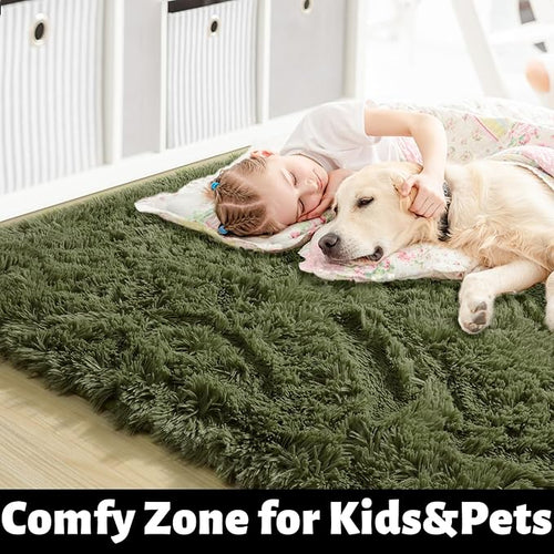 Amdrebio Olive Green Rugs for Bedroom Living Room, Fluffy Shaggy Modern Area Rug 4x6 for Girls Boys Kids Room Decor, Soft Plush Fuzzy Furry Cool Carpet for Nursery Classroom Dorm Playroom Apartment