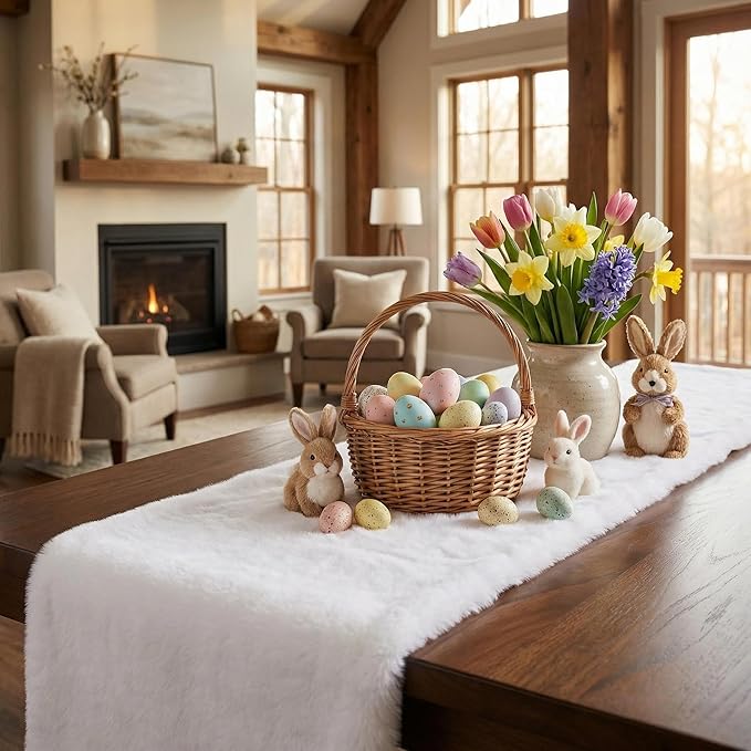 duduta White Faux Fur Dresser Runner, Soft Fluffy Coffee Table Runner Nightstand Cover Spring Easter Home Decor 11.8 in x 31.5 in
