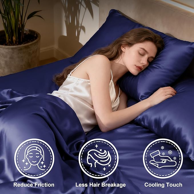 Love's cabin California King Satin Sheet Sets - 4 Piece Navy Blue Silky Sheets Bed Set with Deep Pocket, Luxury Silk Feel Satin Cal King Sheet Set (1 Flat Sheet,1 Fitted Sheet,2 Pillow Cases)