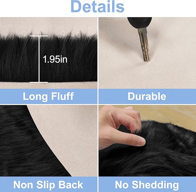 Faux Fur Black Round Rug 4ft for Bedroom, Black Fur Circle Rug Furry Shag Carpet for Living Room Kids Room Teen's Room, Plush Shaggy Circular Rug for Nursery Room Dorm