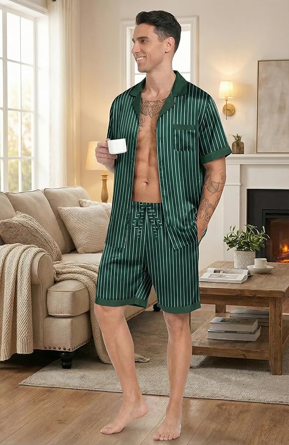 Ekouaer Men Satin Silk Pajamas Set with Pockets Sleepwear Shorts Satin Summer Loungewear 2 Piece Button Down Set S-3XL