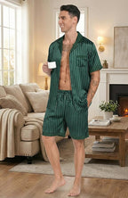Ekouaer Men Satin Silk Pajamas Set with Pockets Sleepwear Shorts Satin Summer Loungewear 2 Piece Button Down Set S-3XL