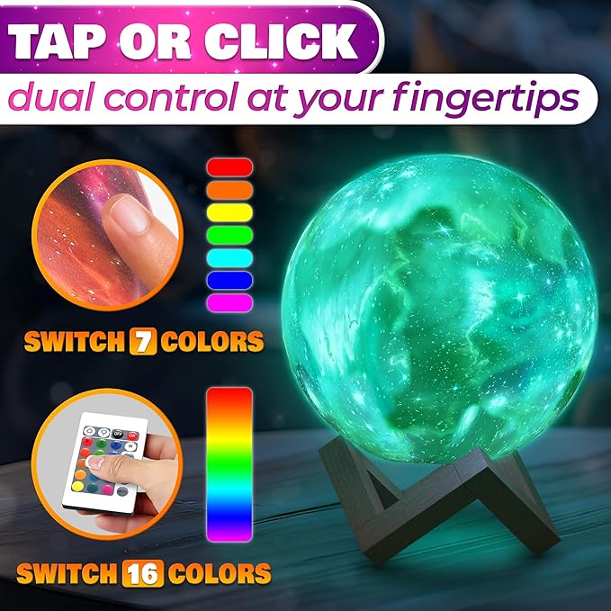 LED Galaxy Lamp 6.7" - 16 Colors, 4 Modes Mesmerizing 3D Moon Lamp with Touch & Remote Control, Wooden Stand, USB Charging - Printed Moon Night Light with Realistic Design | Party in The Dark Decor