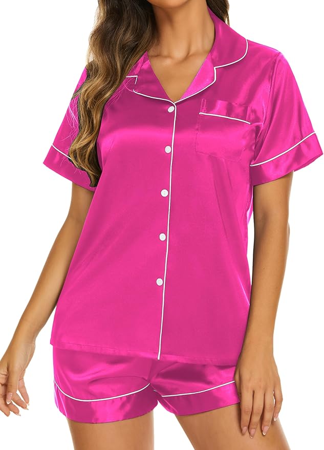 Ekouaer Silk Pajamas for Women Short Sleeve Sleepwear Soft Button Down Loungewear 2 Piece Satin Pjs Shorts Set