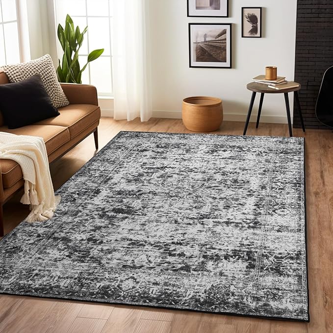 CRYPTOLITE Area Rugs for Living Room, 5x7 Washable Vintage Faux Wool Throw Bedroom Rug, Low Pile & Non-Slip Indoor Floor Carpet for Dining Room, Home Office, Kids Room, Bedside (Dark Grey)
