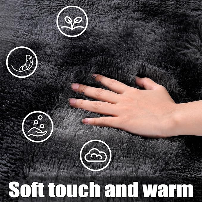 KING DARE 9x12 Area Rug for Living Room Plush Carpet, Soft Fluffy Shaggy Fuzzy Furry Large Tie-Dyed Black Gray Rug, Anti-Slip Washable Modern Floor Rug for Bedroom Home Aesthetic Decor