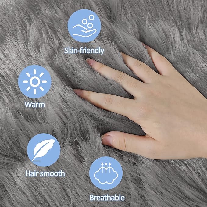 Grey Faux Fur Round Rugs for bedroom Living Room, 5'X5' Fluffy Circle Rug for Kids Room, Furry Carpet for Teen Girls/boys Room, Non-Slip Shaggy Circular Rug Plush Rug