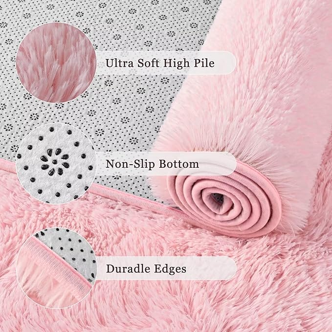 junovo Pink Washable Area Rug for Girls Bedroom Living Room, 5x8 Soft Non-Slip Fluffy Rugs, Shag Plush Memory Foam Carpet for Kids Room Baby Nursery Home Decor