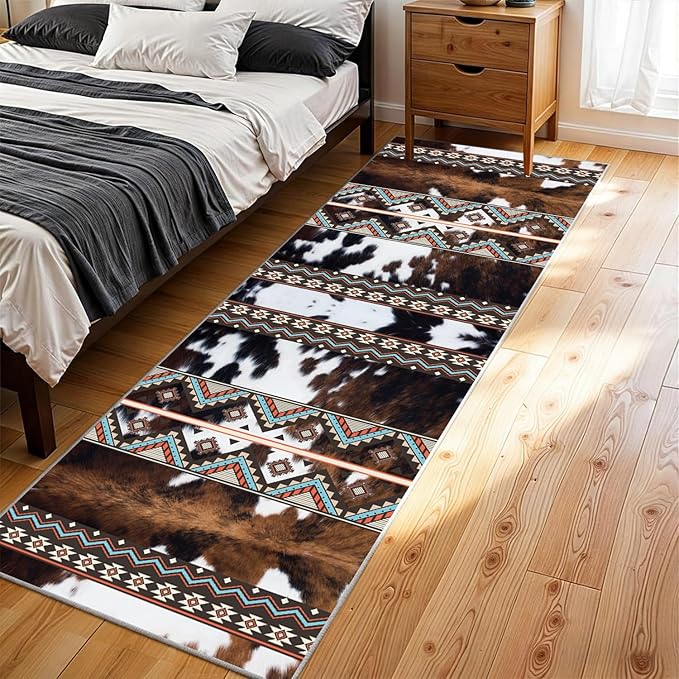 Western Cow Hide Kitchen Runner Rugs,1.3x7ft,Rustic Brown Cowprint Rugs,Southwestern Aztec Native American Rug,Faux Fur Animal Print Cabin Runner Rug,Soft Non-Slip for Bedside Hallway Entryway