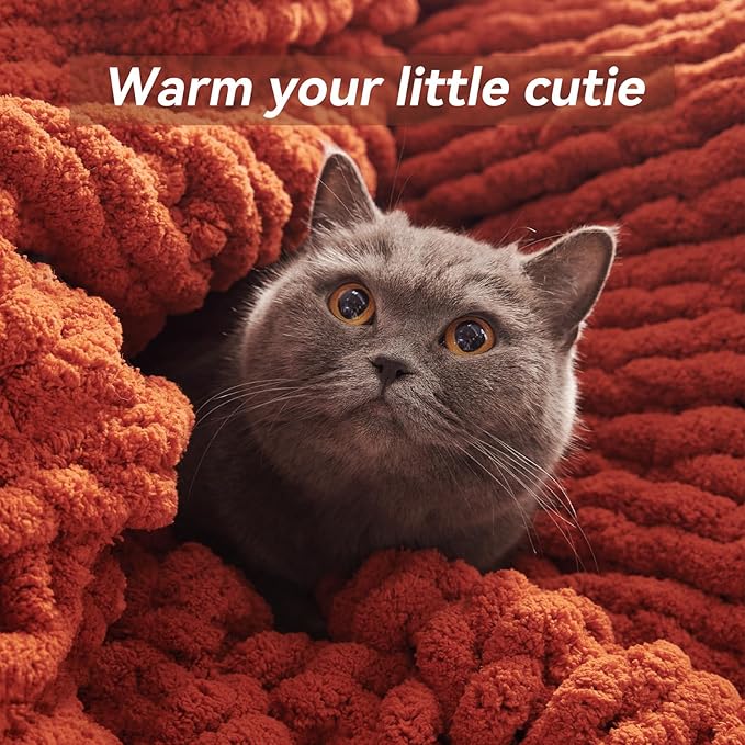 Negwoo Chunky Knit Throw Blanket, 40''*50'' Fall Throw Blanket Knitted Chenille Yarn for Bed Couch, Handmade Orange Crochet Big Thick Blanket, Machine Washable Cute Comfy Blankets for Home Decor