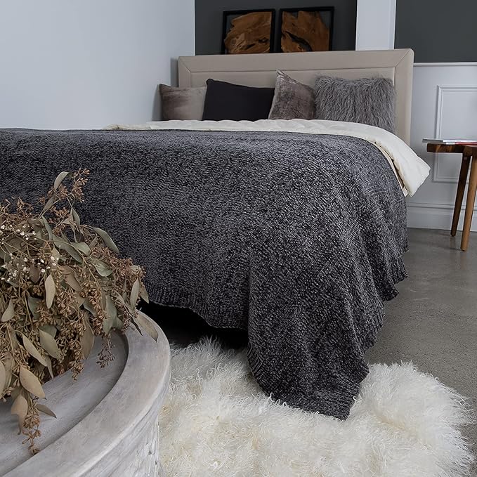 Best Home Fashion Super Soft Luxe Sheen Chenille Throw Blanket, Warm and Cozy Knitted Decorative Blanket for Sofa, Couch and Bed All Seasons 60 x 80 Inches- Grey